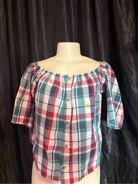 Women’s Plaid Off-Shoulder Button-Front Top - Teal/Red/White